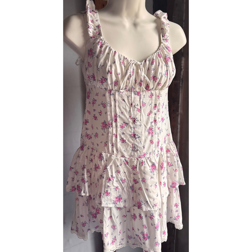 Wild Fable Floral Ruffle Mini Dress Cream Pink Rose Cottagecore Tiered Small